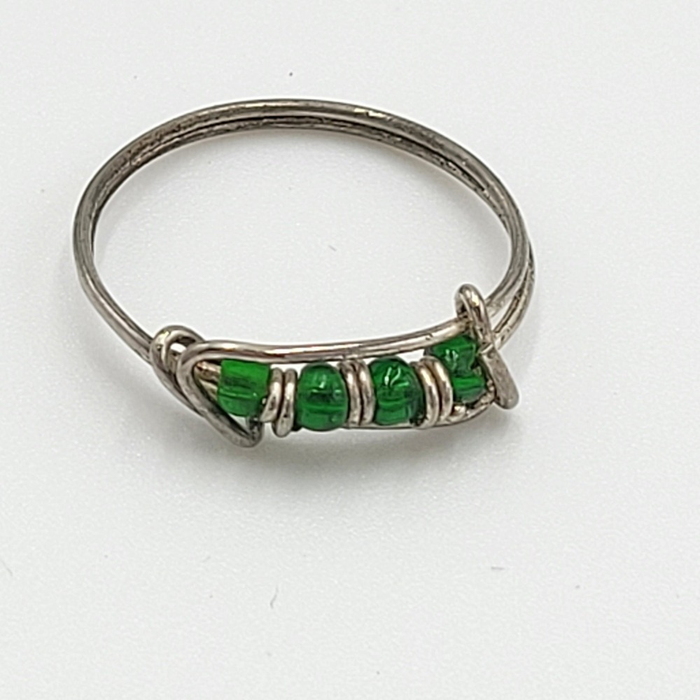 Sterling Silver Wire Style Ring Green Beaded Birth Stone Handmade Jewelry